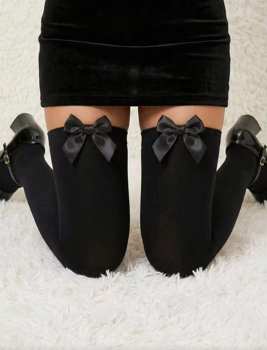 Women’s Black Thigh High Stockings with Satin Bow – Opaque Over Knee Socks
